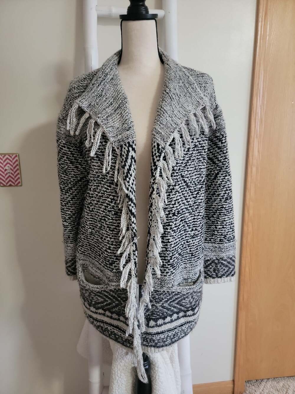 J Jill Open Cardigan Black and Grey Fringe Detail O/S